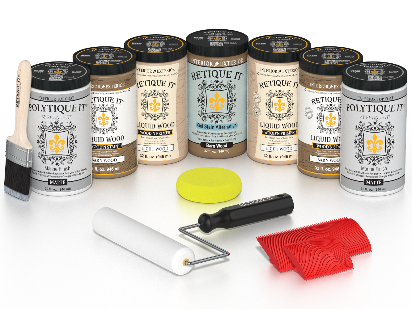 Retique It Barn Wood Kit with Liquid Wood, Barn Wood Gel Stain Alternative, Politique It Matte Finish, yellow sponge, red graining tool, roller, and brush.