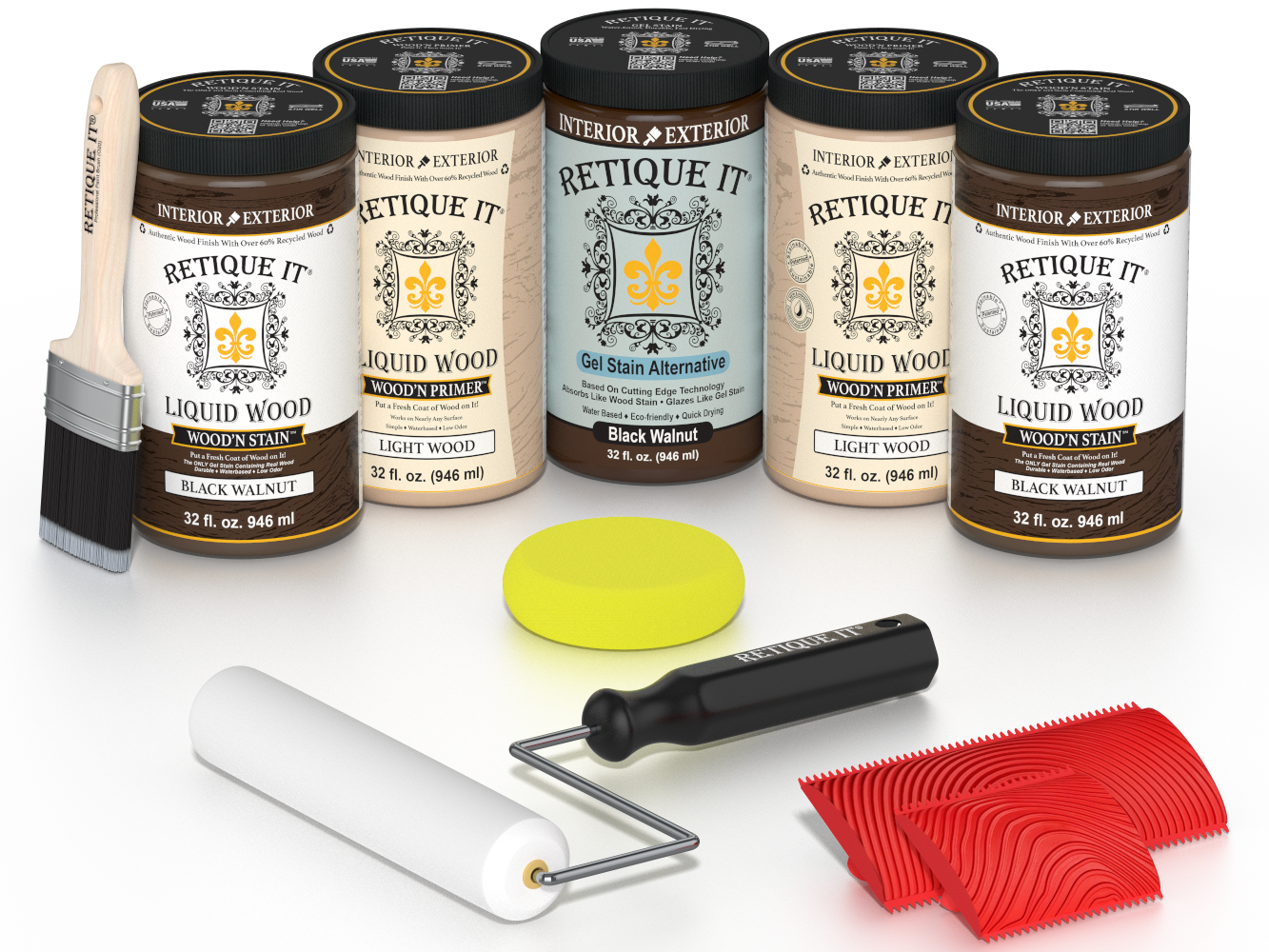Retique It Black Walnut Kit with Liquid Wood, Black Walnut Gel Stain Alternative, yellow sponge, red graining tool, roller, and brush.