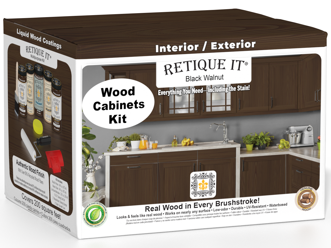 Retique It® Wood'n Cabinet Kit with 24 black walnut grained stain doors, showcasing a realistic wood grain finish on cabinet doors.