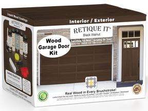 Retique It Black Walnut Wood Garage Door Kit box featuring garage door and entry door wood finish transformation.