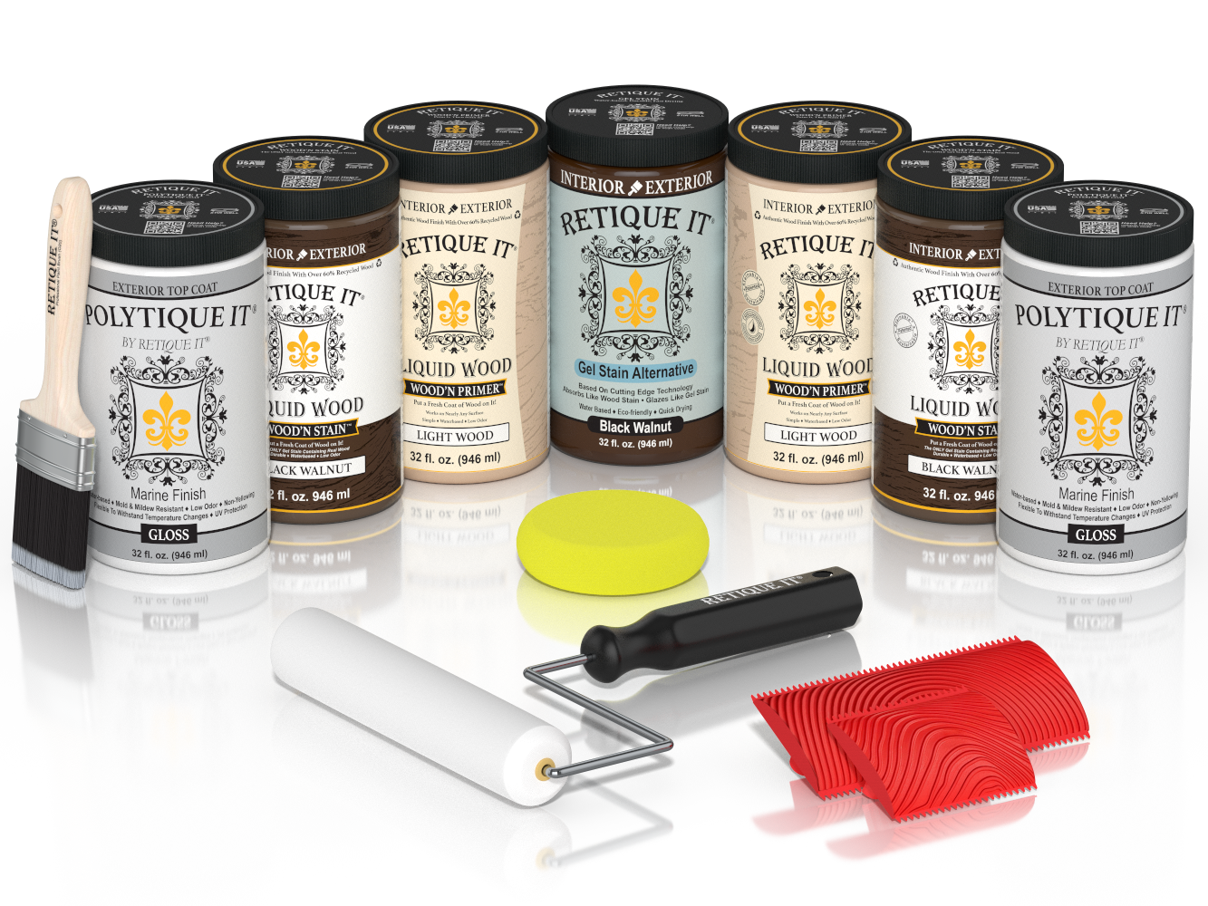 Retique It Black Walnut Kit with Liquid Wood, Black Walnut Gel Stain Alternative, Politique It Gloss Finish, yellow sponge, red graining tool, rollers, and brush.