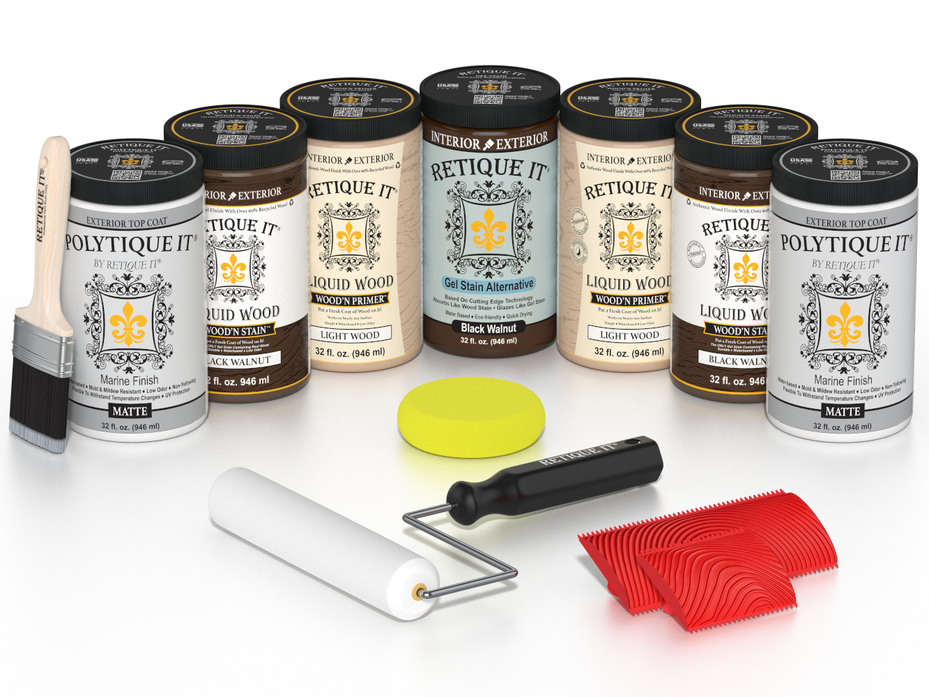 Retique It Black Walnut Kit with Liquid Wood, Black Walnut Gel Stain Alternative, Politique It Matte Finish, yellow sponge, red graining tool, roller, and brush.