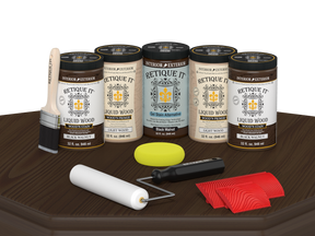 Retique It Black Walnut Kit with Liquid Wood, Black Walnut Gel Stain Alternative, yellow sponge, red graining tool, roller, and brush.