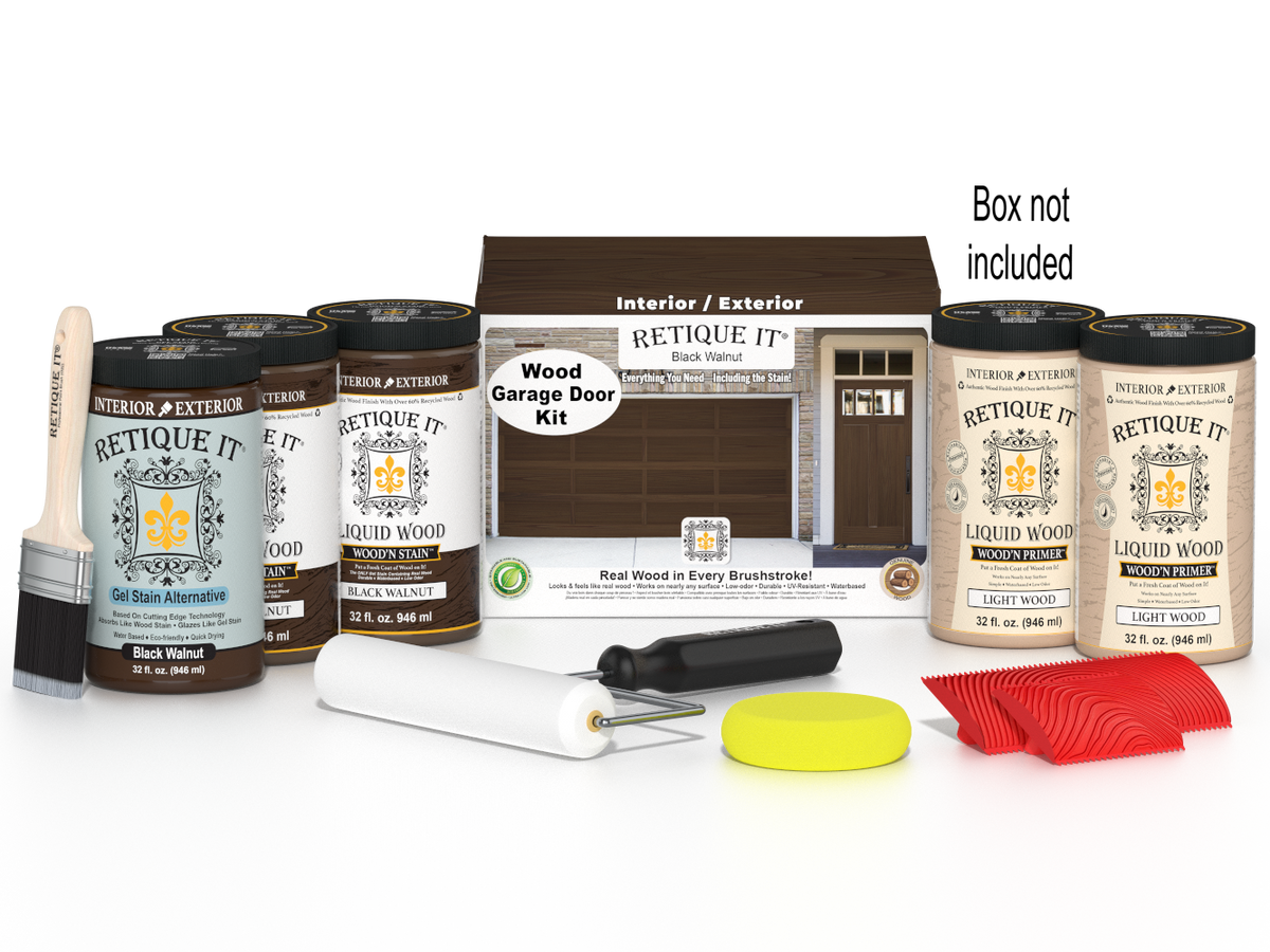 Retique It Black Walnut Wood Garage Door Kit with Liquid Wood, Black Walnut Gel Stain Alternative, yellow sponge, red graining tool, roller, brush, and kit box.