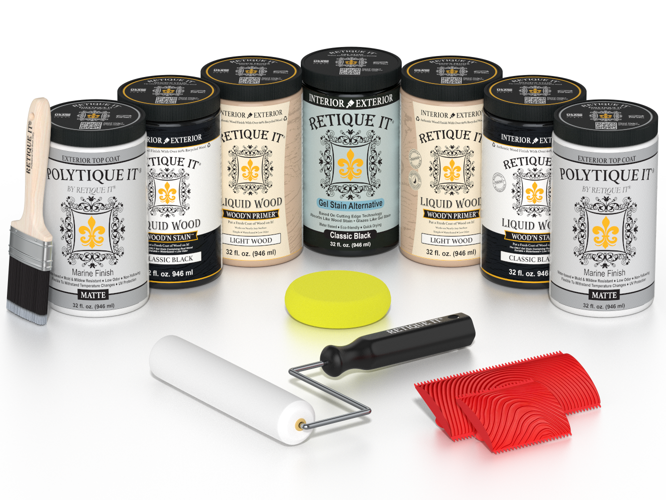 Retique It Classic Black Kit with Liquid Wood, Classic Black Gel Stain Alternative, Politique It Matte Finish, yellow sponge, red graining tool, roller, and brush.