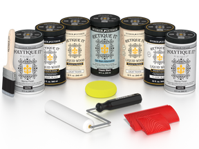 Retique It Classic Black Kit with Liquid Wood, Classic Black Gel Stain Alternative, Politique It Satin Finish, yellow sponge, red graining tool, roller, and brush.