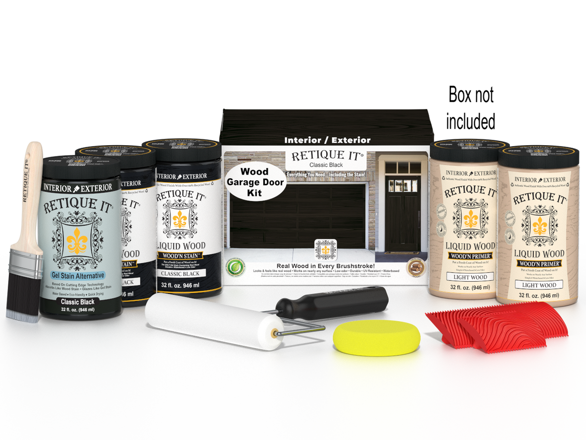 Retique It Classic Black Wood Garage Door Kit with Liquid Wood, Classic Black Gel Stain Alternative, yellow sponge, red graining tool, roller, brush, and kit box.