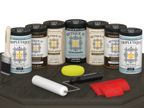 Charcoal Wood'n Cabinet Kit with 24 grained doors by Retique It® showing glossy stain finish on a table.