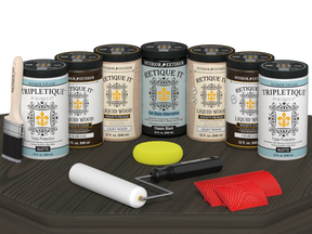 Retique It® Wood'n Cabinet Kit with 24 grained charcoal stain, matte finish, shown on a cabinet door sample.