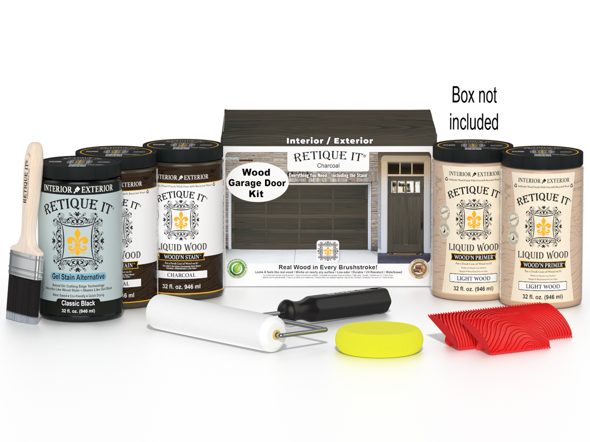 Retique It Charcoal Wood Garage Door Kit with Liquid Wood, Classic Black Gel Stain Alternative, yellow sponge, red graining tool, roller, brush, and kit box.