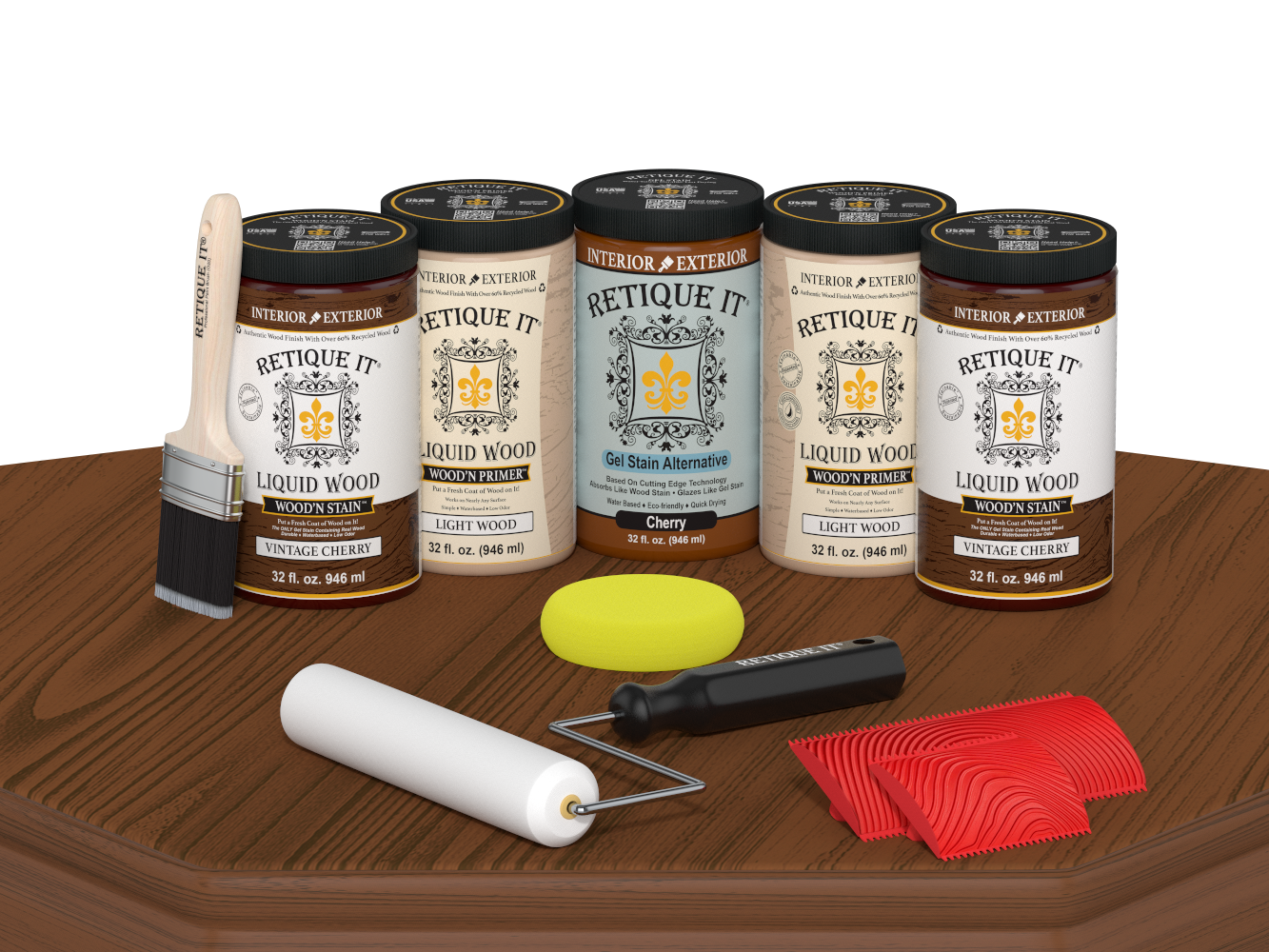 Retique It® Wood'n Cabinet Kit with vintage cherry stain, 24 grained cabinet doors, showcasing wood grain details on a table.