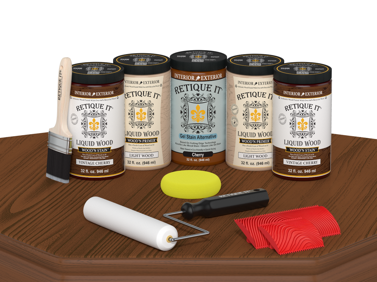 Retique It Vintage Cherry Kit with Liquid Wood, Cherry Gel Stain Alternative, yellow sponge, red graining tool, roller, and brush.