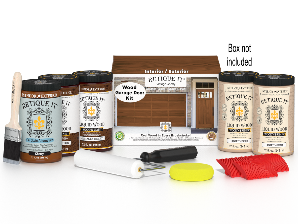 Retique It Vintage Cherry Wood Garage Door Kit with Liquid Wood, Cherry Gel Stain Alternative, yellow sponge, red graining tool, roller, brush, and kit box.