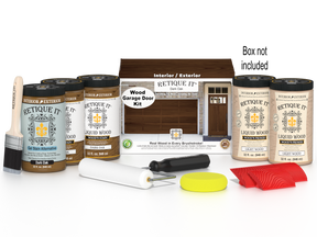 Retique It Dark Oak Wood Garage Door Kit with Liquid Wood, Dark Oak Gel Stain Alternative, yellow sponge, red graining tool, roller, brush, and kit box.