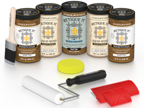 Retique It Dark Oak Kit with Liquid Wood, Dark Oak Gel Stain Alternative, yellow sponge, red graining tool, roller, and brush.