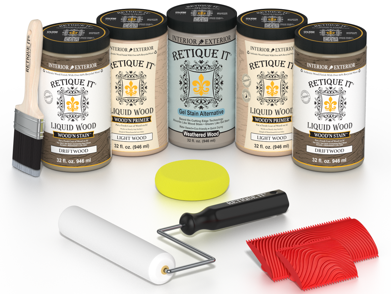 Retique It Driftwood Kit with Liquid Wood, Weathered Wood Gel Stain Alternative, yellow sponge, red graining tool, roller, and brush.
