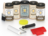 Retique It Driftwood Kit with Liquid Wood, Weathered Wood Gel Stain Alternative, yellow sponge, red graining tool, roller, and brush.