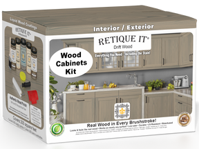Retique It® Wood'n Cabinet Kit with 24 grained driftwood-stained cabinet doors, showcasing natural wood grain and textured finish.