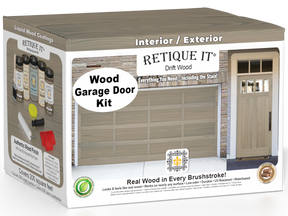 Retique It Driftwood Wood Garage Door Kit box featuring garage door and entry door wood finish transformation.
