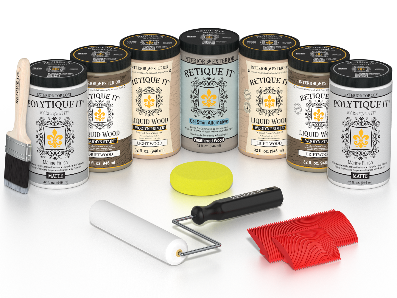 Retique It Driftwood Kit with Liquid Wood, Weathered Wood Gel Stain Alternative, Politique It Matte Finish, yellow sponge, red graining tool, roller, and brush.