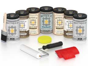 Retique It Driftwood Kit with Liquid Wood, Weathered Wood Gel Stain Alternative, Politique It Satin Finish, yellow sponge, red graining tool, roller, and brush.
