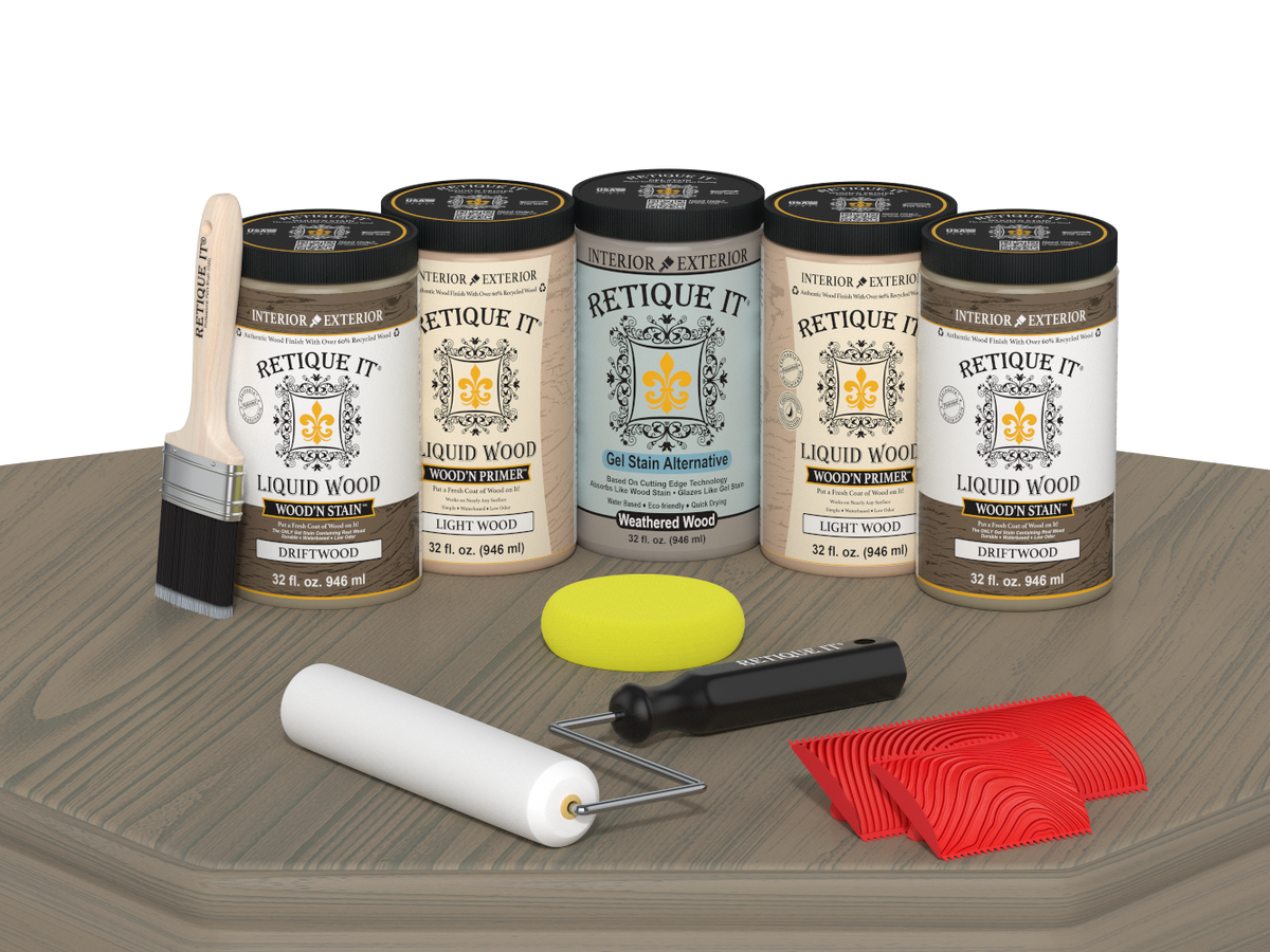 Retique It Driftwood Kit with Liquid Wood, Weathered Wood Gel Stain Alternative, yellow sponge, red graining tool, roller, and brush.