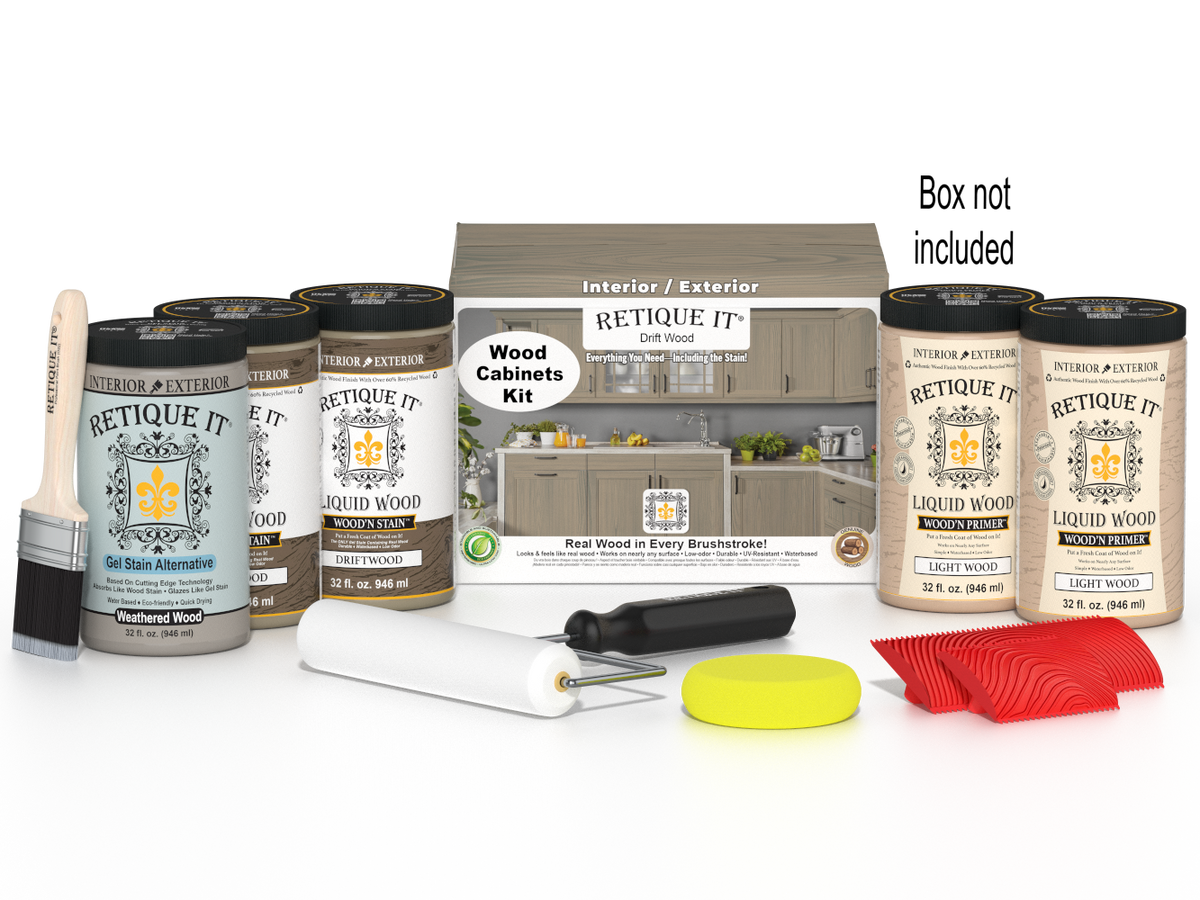 Retique It® Wood'n Cabinet Kit in Drift Wood stain, featuring 24 grained cabinet doors with a natural wood appearance.