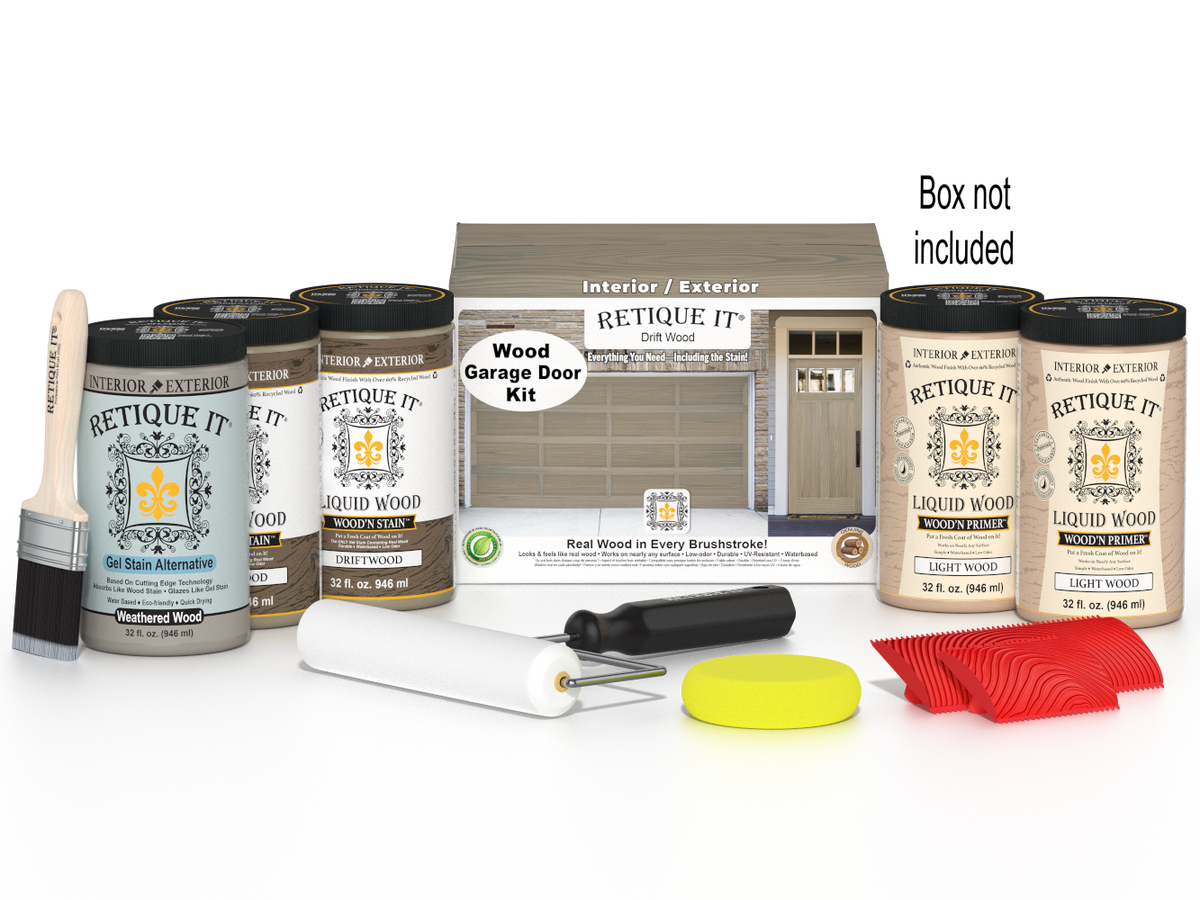 Retique It Driftwood Wood Garage Door Kit with Liquid Wood, Weathered Wood Gel Stain Alternative, yellow sponge, red graining tool, roller, brush, and kit box.