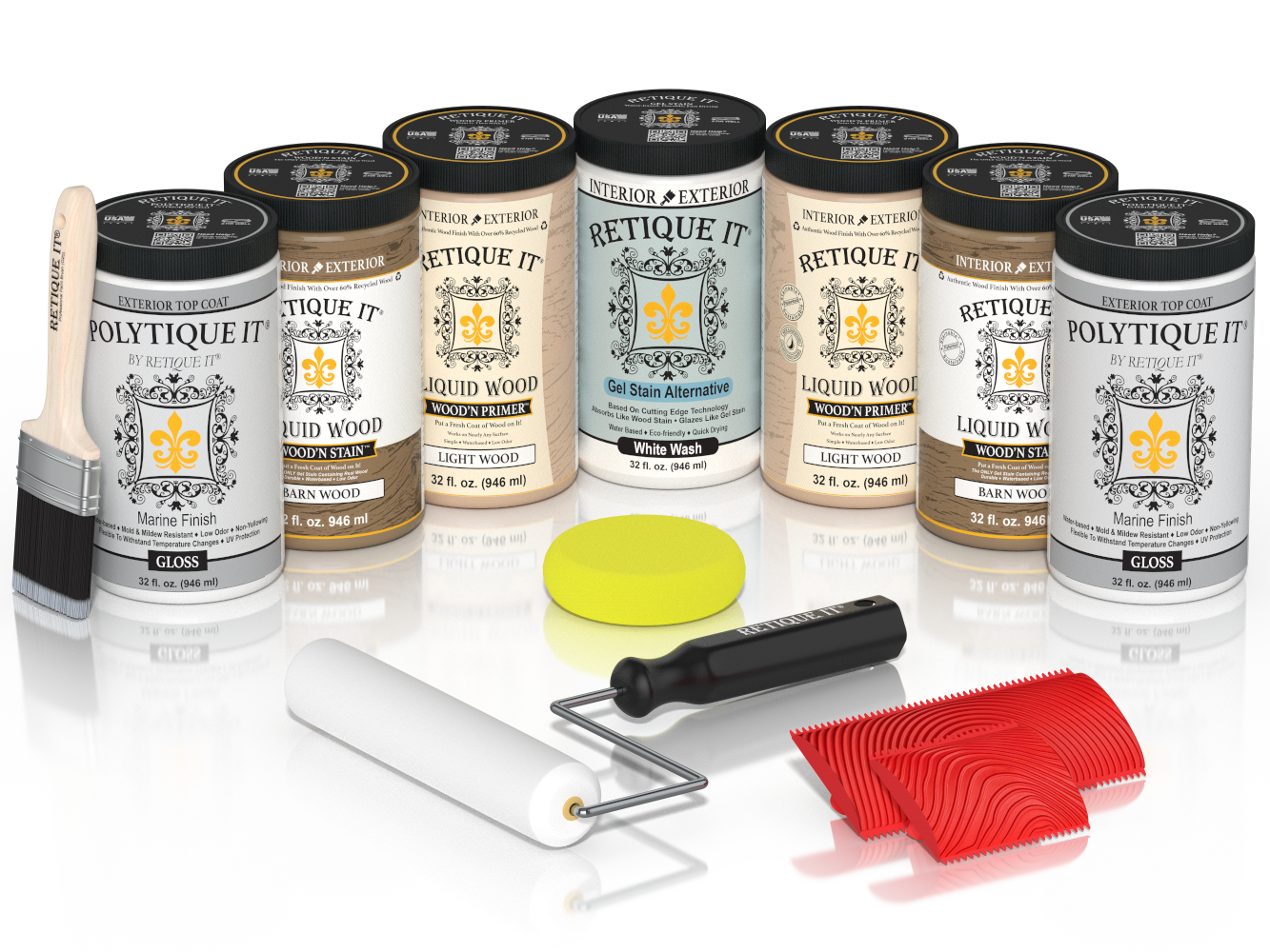 Retique It French Oak Kit with Liquid Wood, White Wash Gel Stain Alternative, Politique It Gloss Finish, yellow sponge, red graining tool, rollers, and brush.