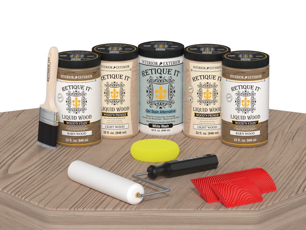 Retique It Wood'n Cabinet Kit French Oak stain on a cabinet door with grained wood texture and natural finish.