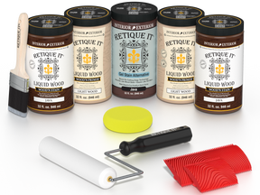 Retique It® Wood'n Cabinet Kit Java stain with 24 grained cabinet doors, showcasing natural wood grain and rich Java color.