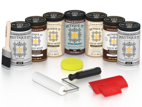 Retique It Java Wood'n Kit with Satin PolyTique It top coat, featuring Java Liquid Wood stain, Light Wood primer, Java Gel Stain Alternative, paint brush, white roller, yellow sponge, and red graining tools.