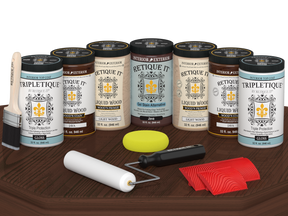 Retique It® Wood'n Cabinet Kit Java stain with 24 grained door panels, glossy finish, displayed on a table.