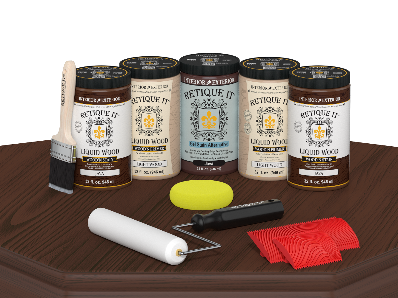 Retique It® Wood'n Cabinet Kit Java stain with 24 grained cabinet doors displayed on a table for a natural wood look.