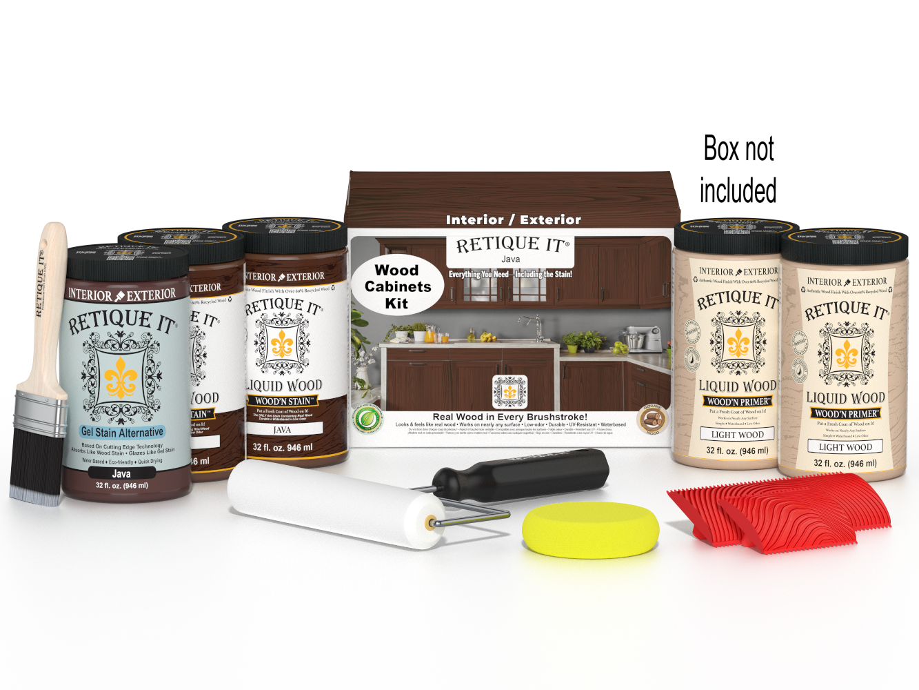 Retique It® Wood'n Cabinet Kit Java stain showing 24 grained cabinet doors and matching box with natural wood finish