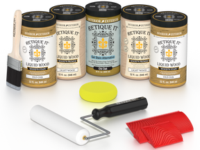 Retique It Old Oak Wood'n Kit featuring Old Oak Liquid Wood stain, Light Wood primer, Old Oak Gel Stain Alternative, paint brush, white roller, yellow sponge, and red graining tools.