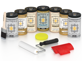 Retique It Old Oak Wood'n Kit with Satin PolyTique It top coat, featuring Old Oak Liquid Wood stain, Light Wood primer, Old Oak Gel Stain Alternative, paint brush, white roller, yellow sponge, and red graining tools.