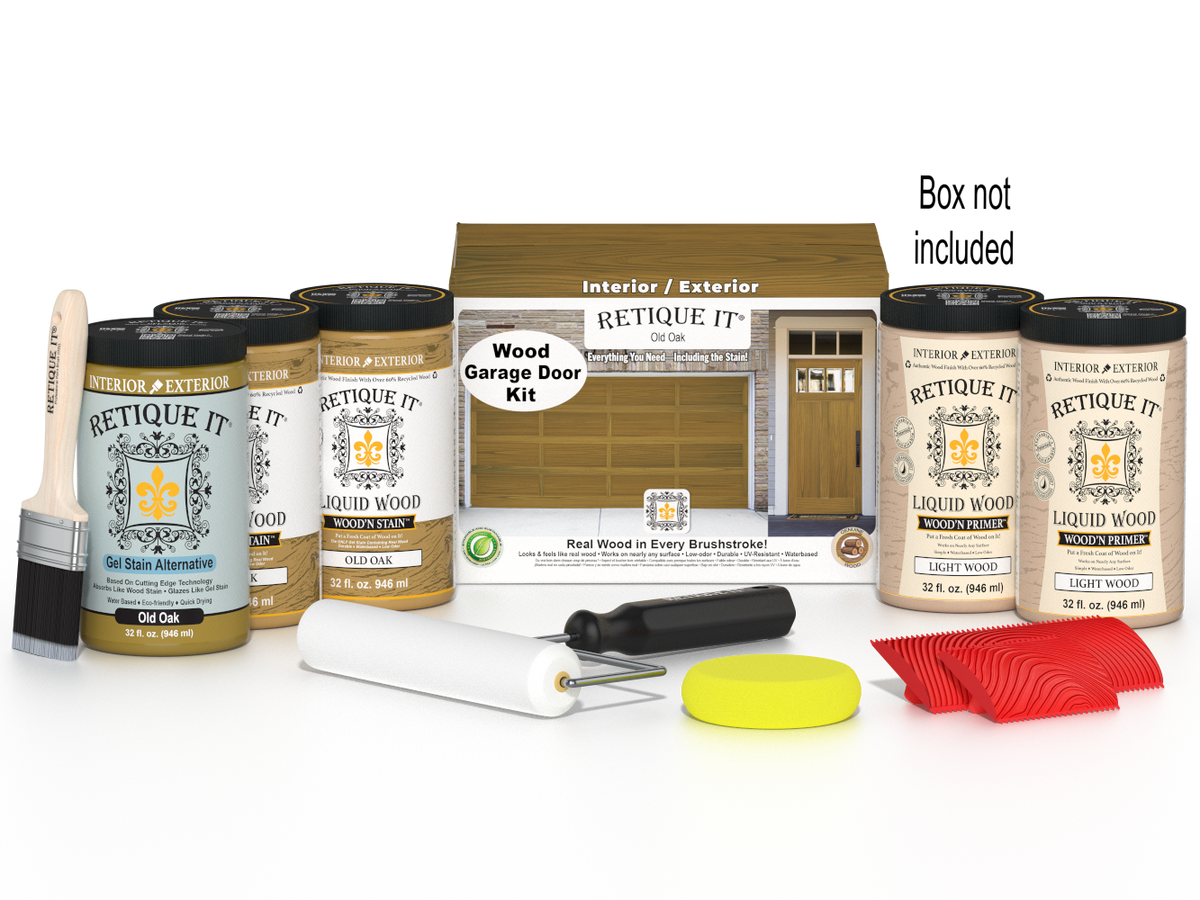 Retique It Old Oak Wood Garage Door Kit featuring Old Oak Liquid Wood stain, Light Wood primer, Old Oak Gel Stain Alternative, paint brush, white roller, yellow sponge, red graining tools, and product box.