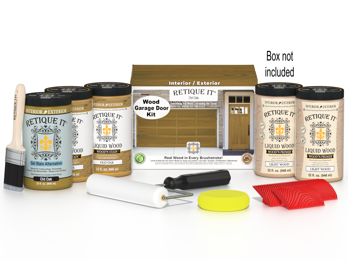 Retique It Old Oak Wood Garage Door Kit featuring Old Oak Liquid Wood stain, Light Wood primer, Old Oak Gel Stain Alternative, paint brush, white roller, yellow sponge, red graining tools, and product box.