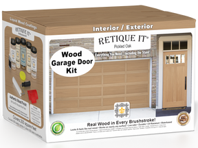 Retique It Pickled Oak Wood Garage Door Kit box featuring garage door and entry door wood finish transformation.