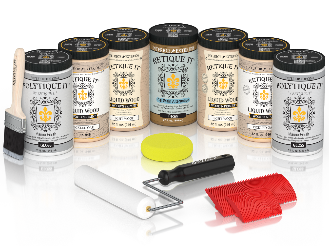 Retique It Pickled Oak Kit with Liquid Wood, Pecan Gel Stain Alternative, Politique It Gloss Finish, yellow sponge, red graining tool, rollers, and brush.
