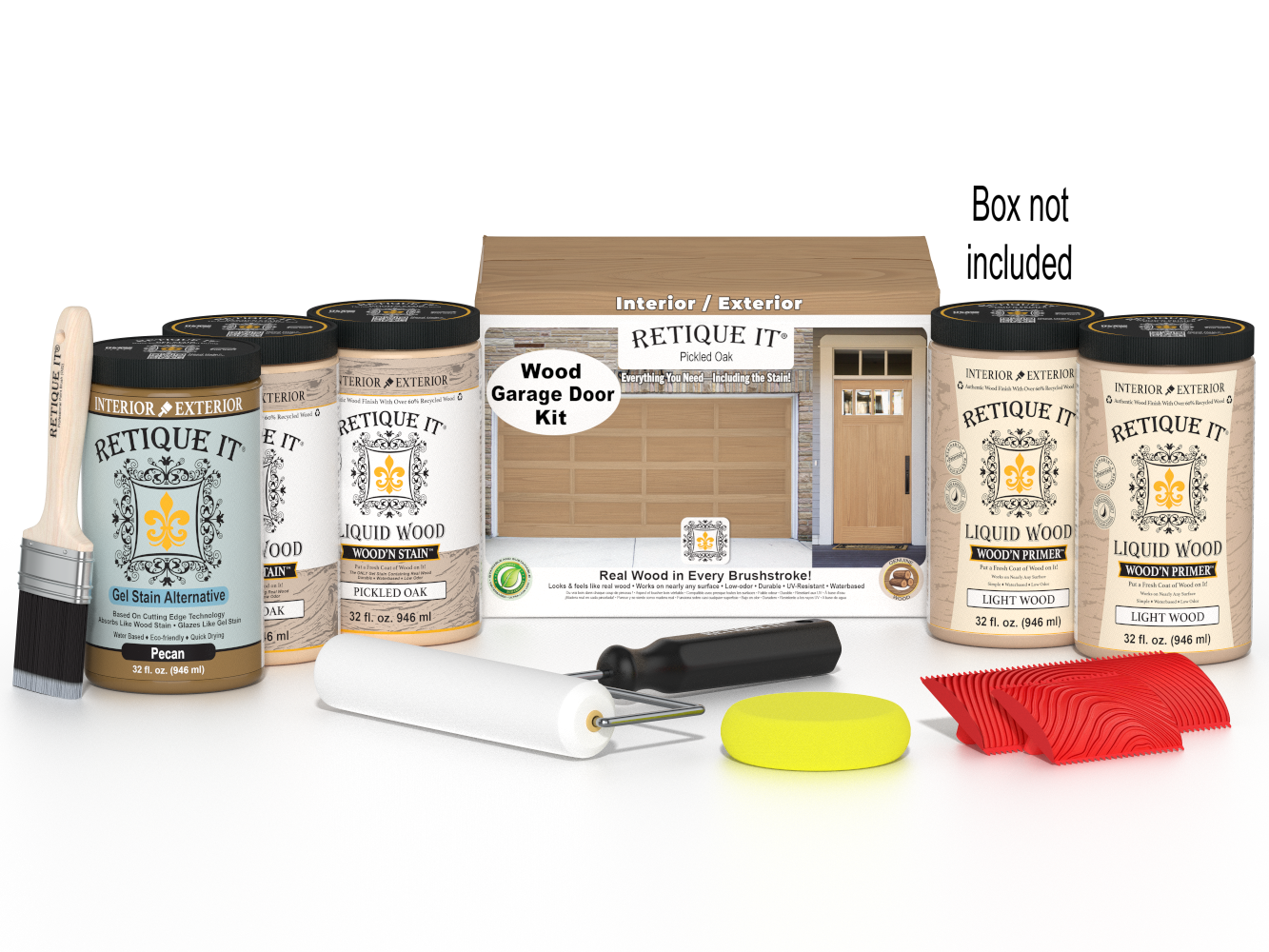 Retique It Pickled Oak Wood Garage Door Kit with Liquid Wood, Pecan Gel Stain Alternative, yellow sponge, red graining tool, roller, brush, and kit box.