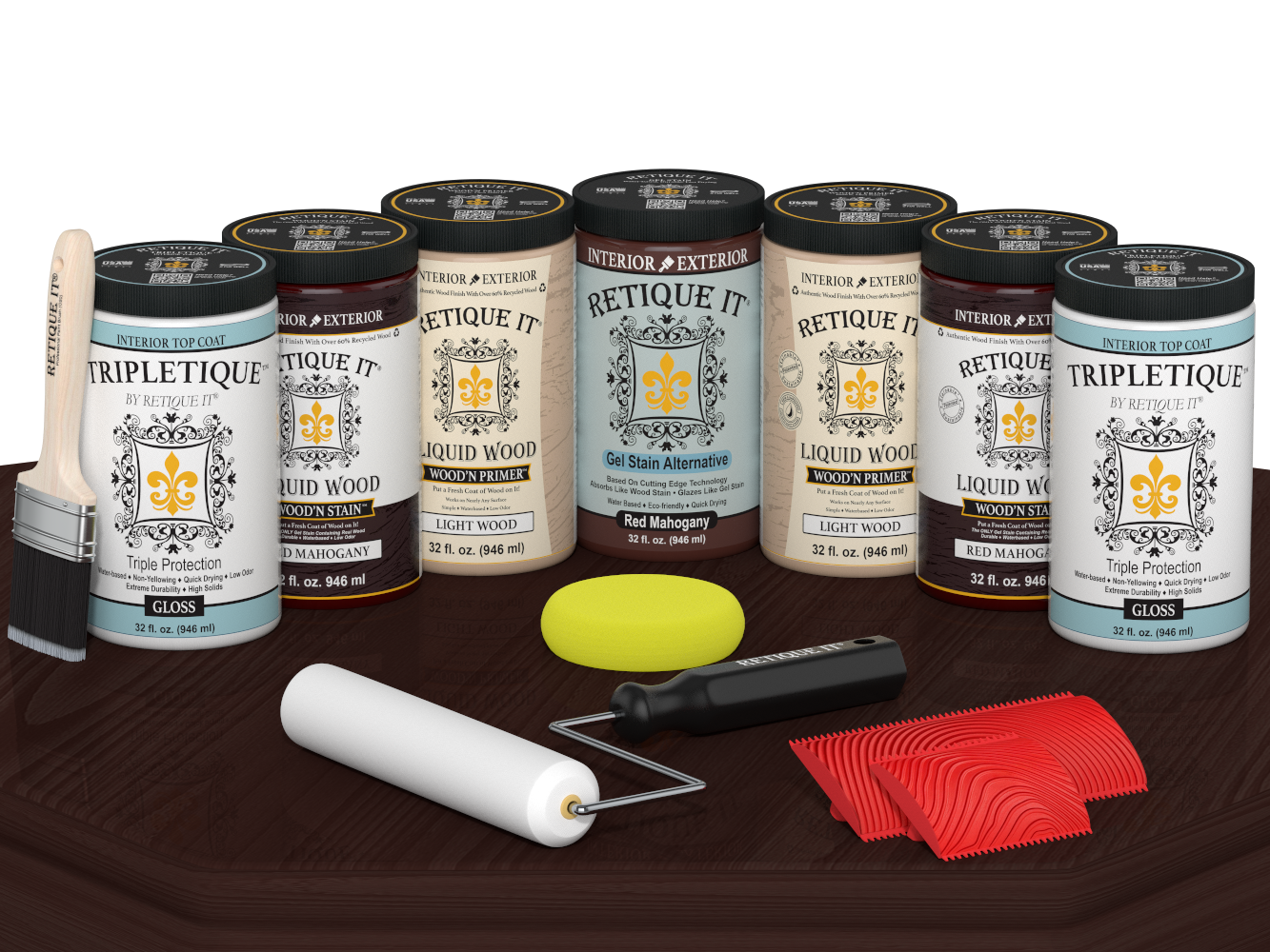Retique It® Wood'n Cabinet Kit with 24 red mahogany stained cabinet doors, glossy finish, displayed on a table.