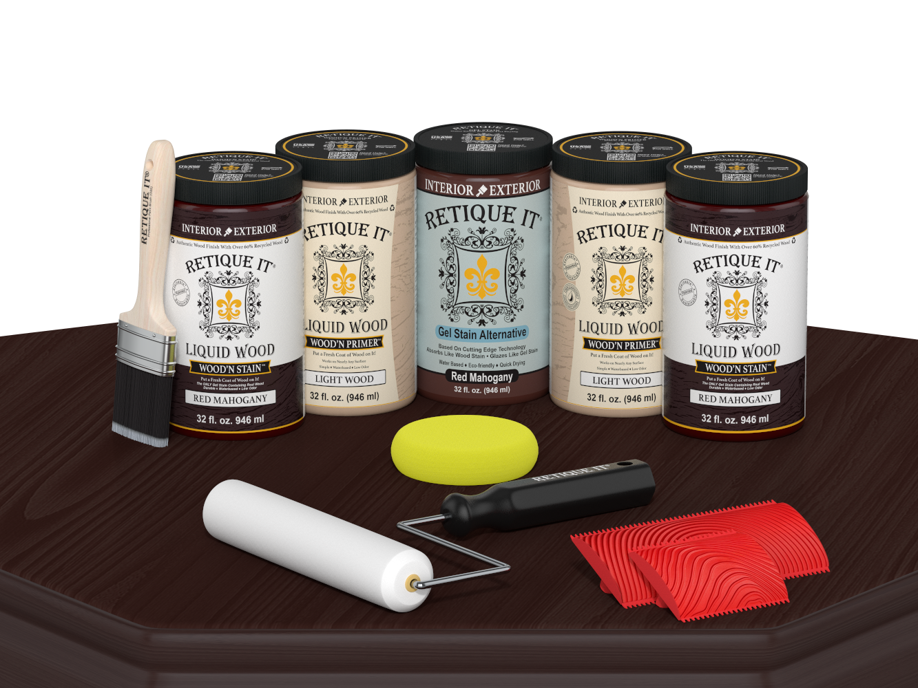 Retique It Wood'n Cabinet Kit with 24 red mahogany stained cabinet doors, displaying wood grain and stain finish on a table.