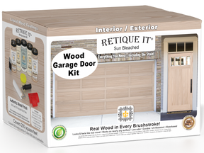 Retique It Sun Bleached Wood Garage Door Kit product box featuring a light weathered wood finish, wood-look garage door and entry door examples, interior/exterior use label, and included refinishing tools and coatings for creating a realistic wood appearance.