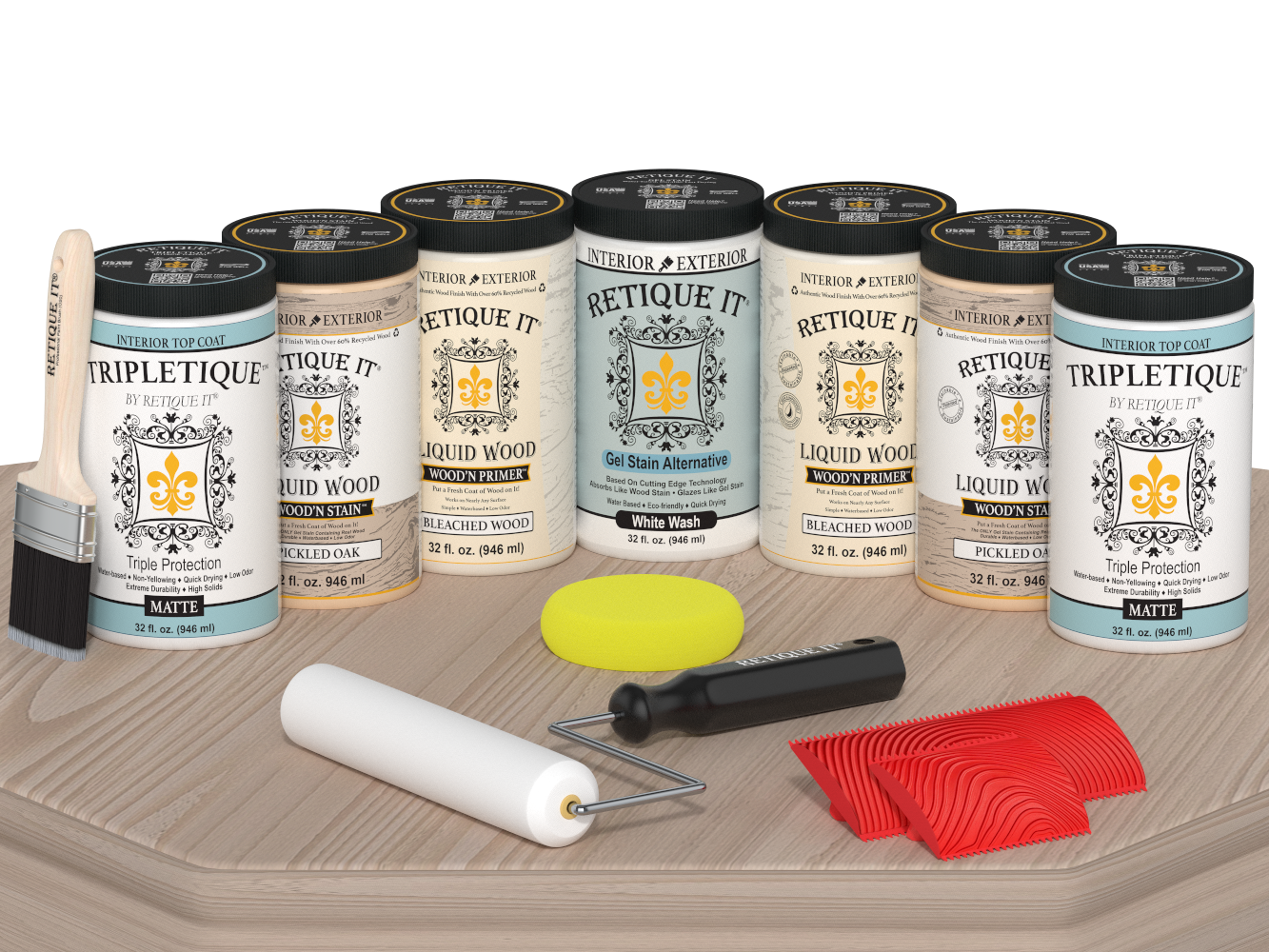 Sun-bleached Wood'n Cabinet Kit by Retique It® with 24 grained doors and matte finish shown on a table.