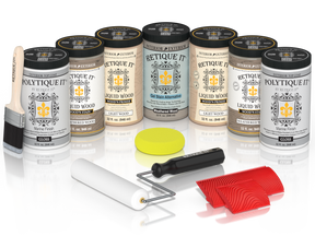 Retique It Weathered Wood Kit with Liquid Wood, Weathered Wood Gel Stain Alternative, Politique It Gloss Finish, yellow sponge, red graining tool, rollers, and brush.