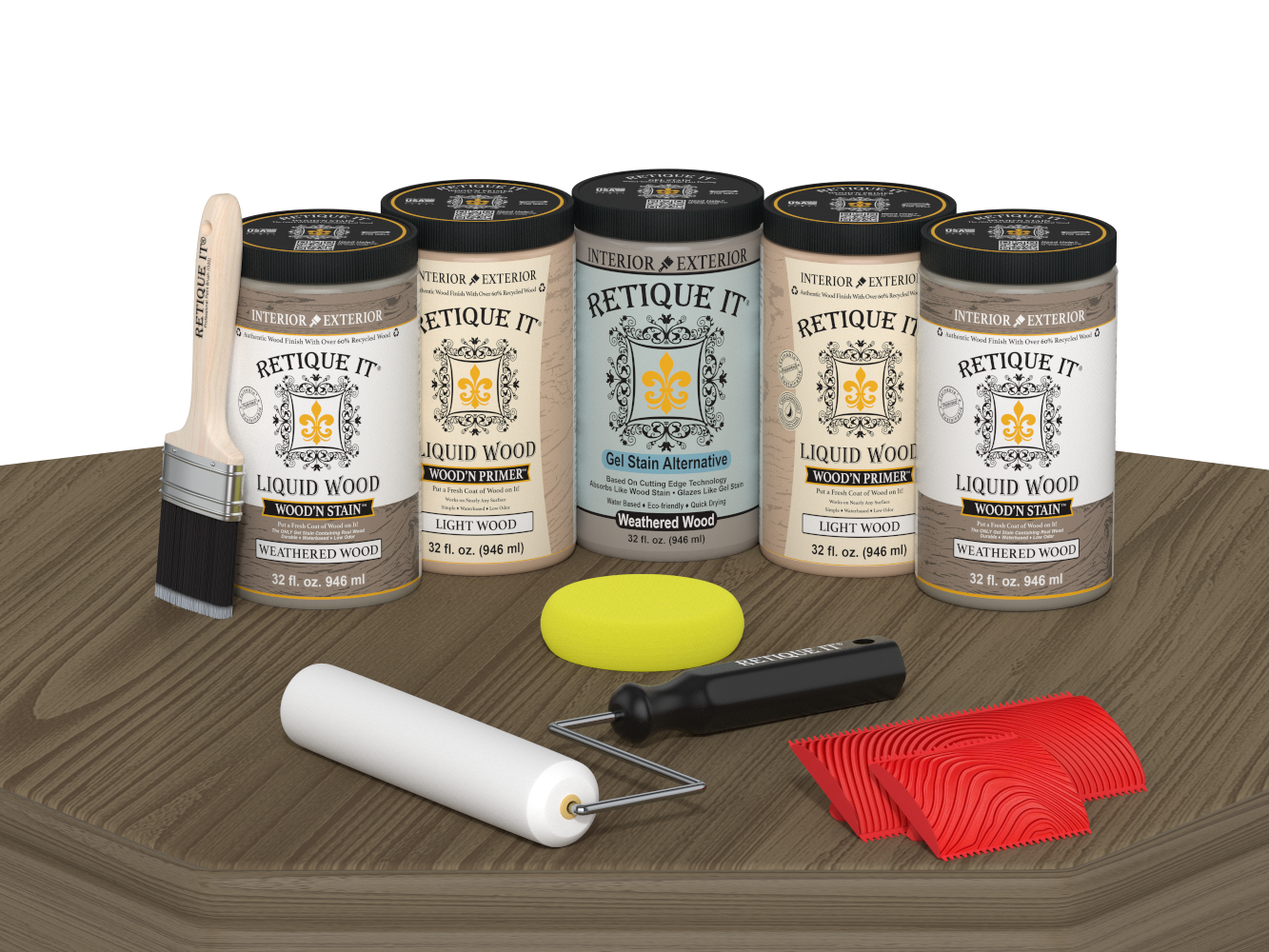 Retique It Weathered Wood Kit with Liquid Wood, Weathered Wood Gel Stain Alternative, yellow sponge, red graining tool, roller, and brush.