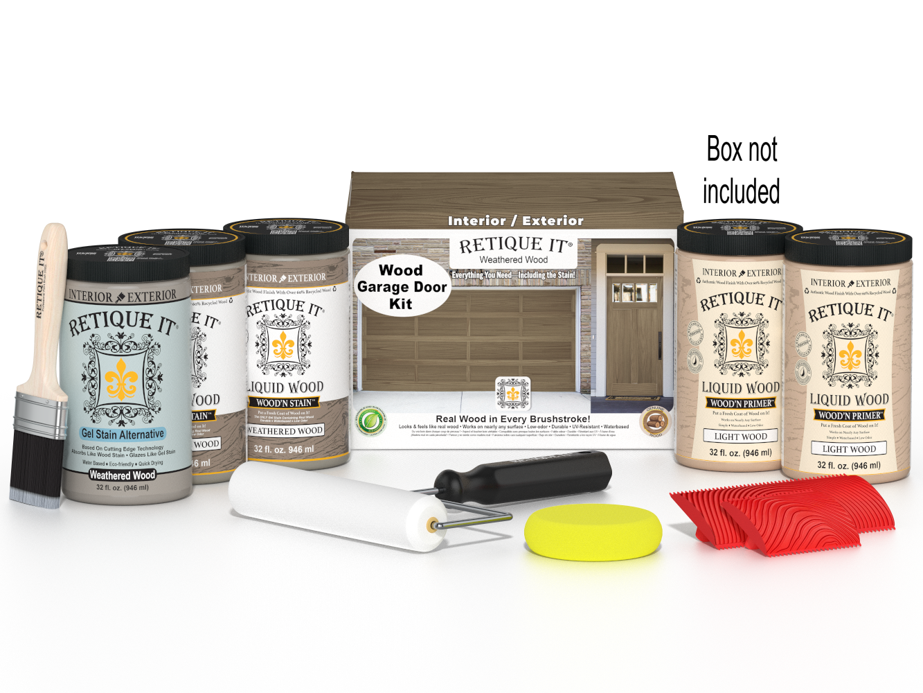 Retique It Weathered Wood Wood Garage Door Kit with Liquid Wood, Weathered Wood Gel Stain Alternative, yellow sponge, red graining tool, roller, brush, and kit box.