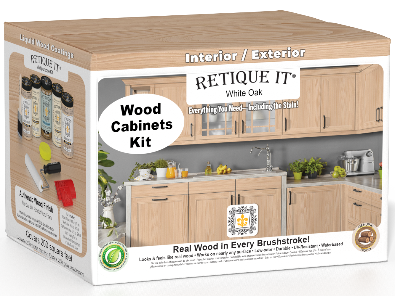Retique It® Wood'n Cabinet Kit with 24 grained white oak doors, showcasing stained wood grain for a natural cabinet finish.